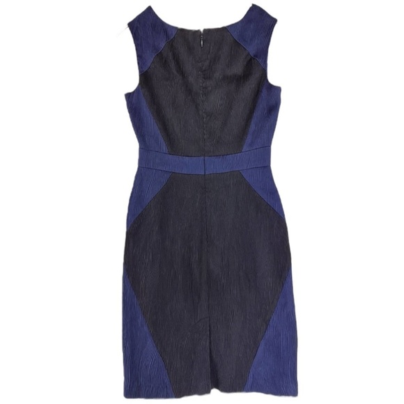 ADRIANNA PAPELL TEXTURED JACQUARD COLORBLOCK SLEEVELESS BLACK BLUE SHEATH DRESS - Picture 3 of 15